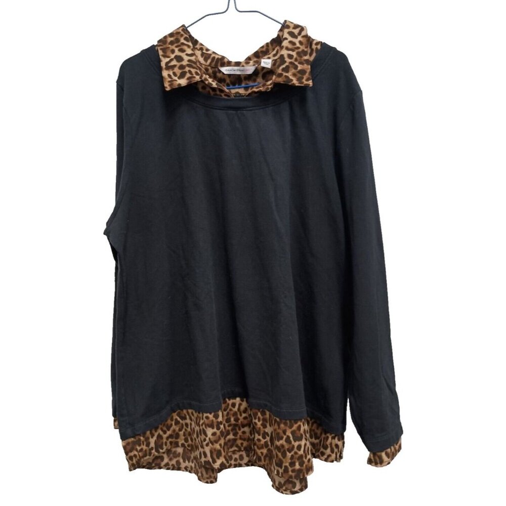 Isaac Mizrahi Black and Leopard Print Tunic collared top blouse